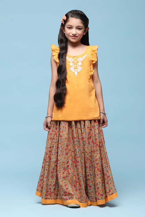 Orange Cotton Straight Printed Kurta Skirt Suit Set image number 6