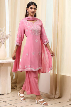 Pink Embroidered Kalidar Suit Set image number 5