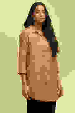 Beige Printed Shirt Style Straight Kurti image number 4