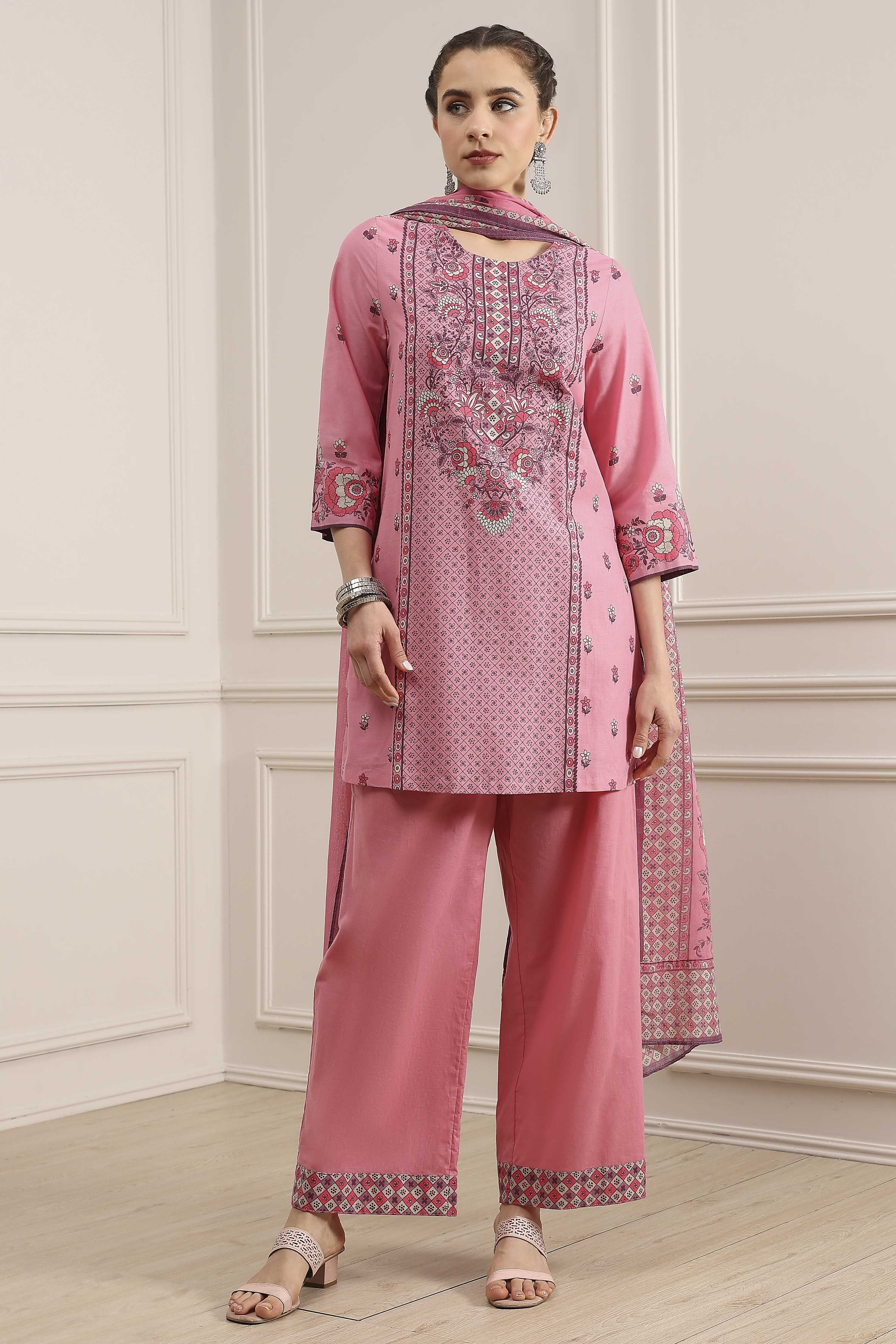 Light Pink Cotton Straight Suit Set image number 6
