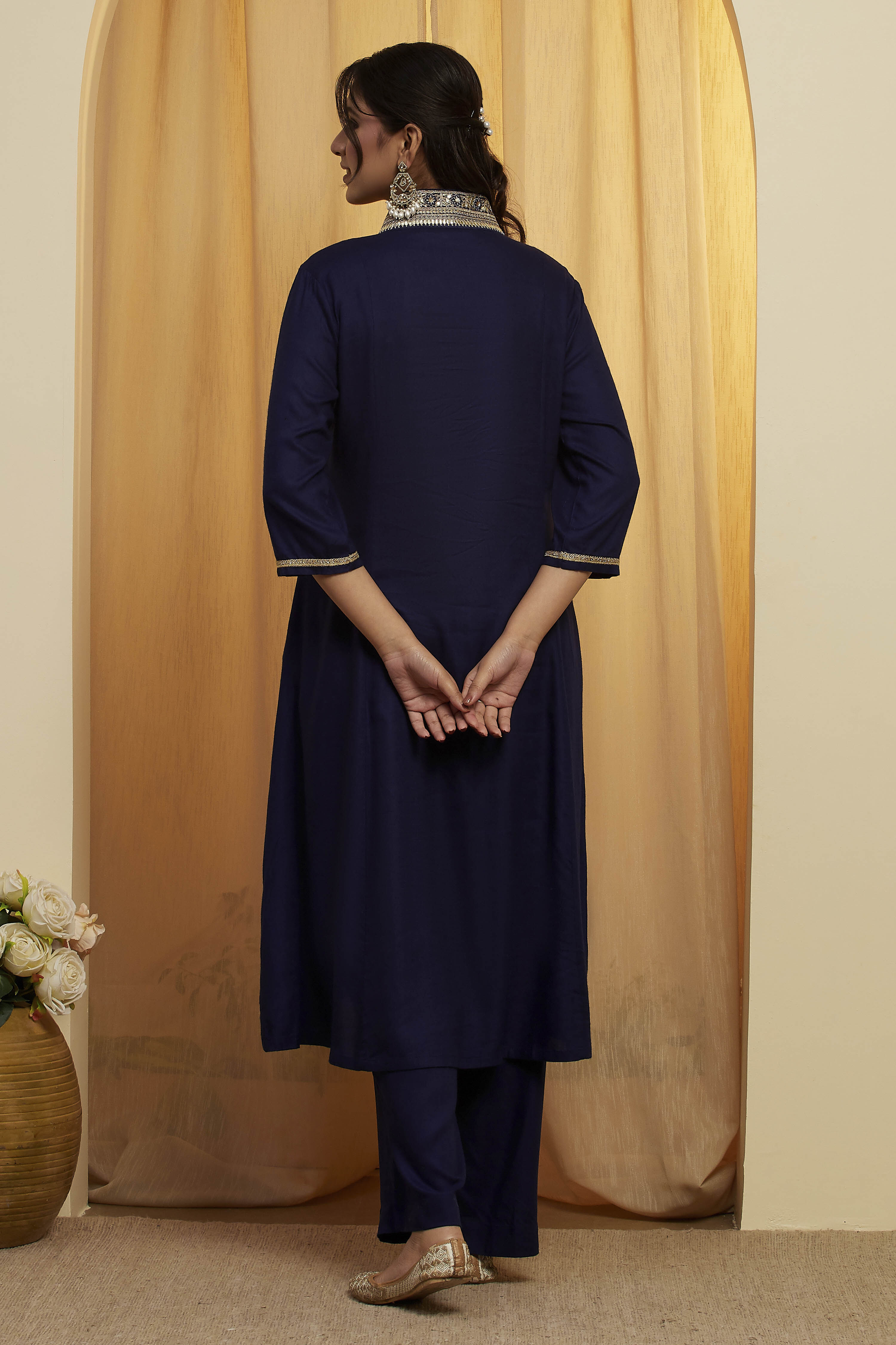 Navy Blue Viscose Rayon Yoke Design Straight Kurta Set image number 5