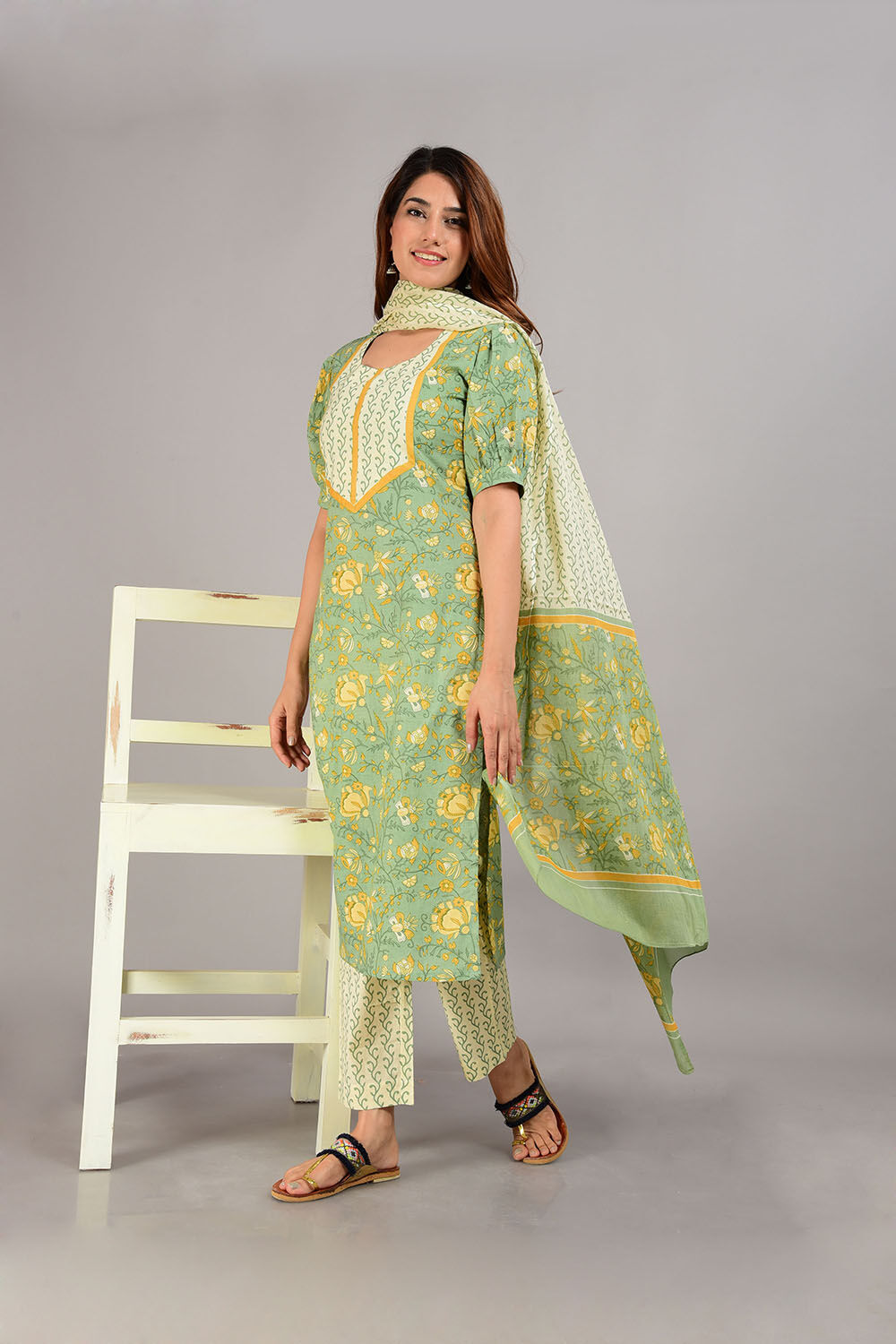 Green Cotton Screen Print Unstitched Suit Set