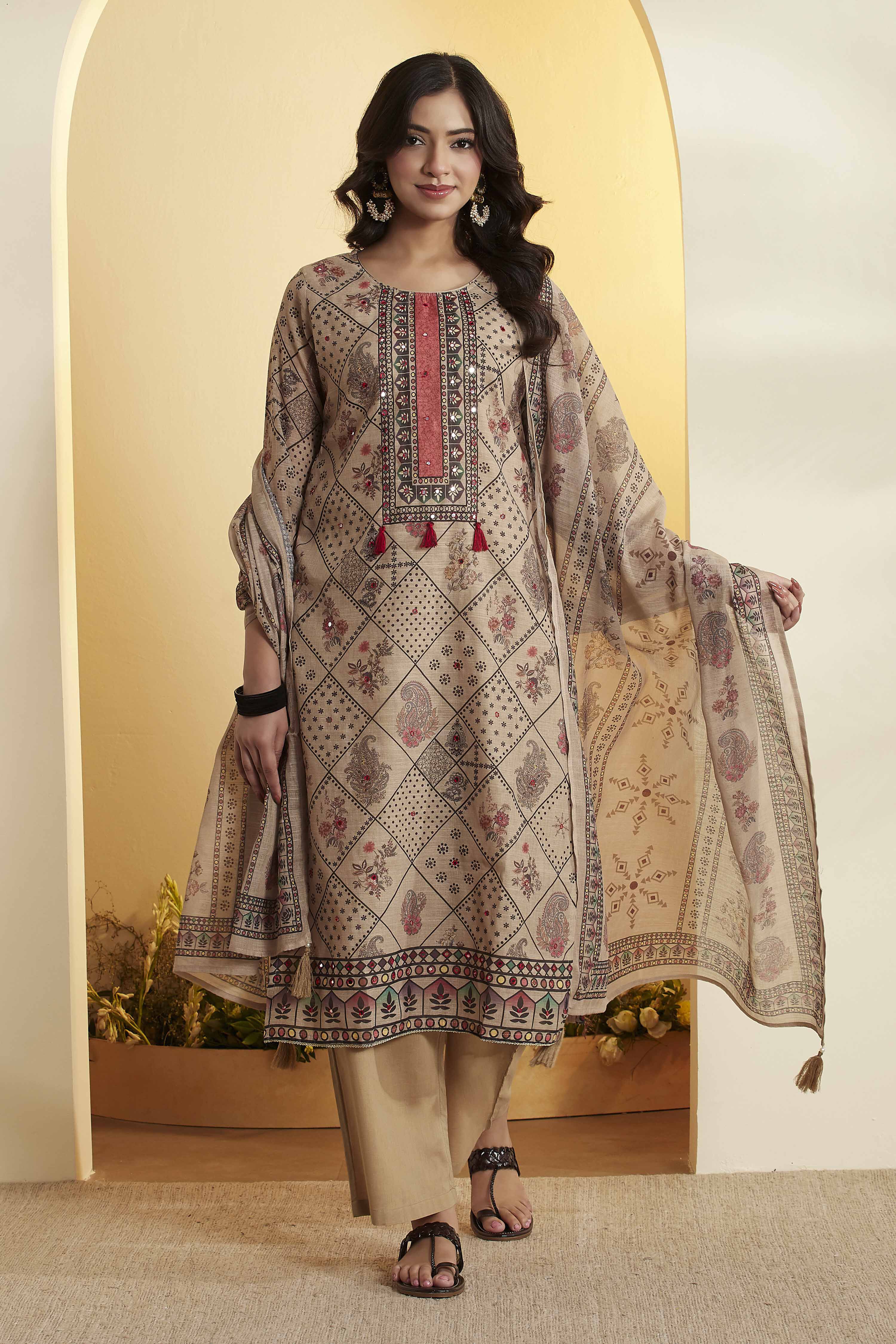 Beige Poly Linen Straight Suit Set image number 0
