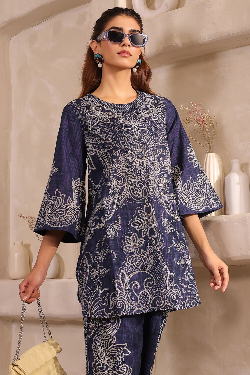 Blue Cotton Straight Printed Kurta Pants Set image number 1