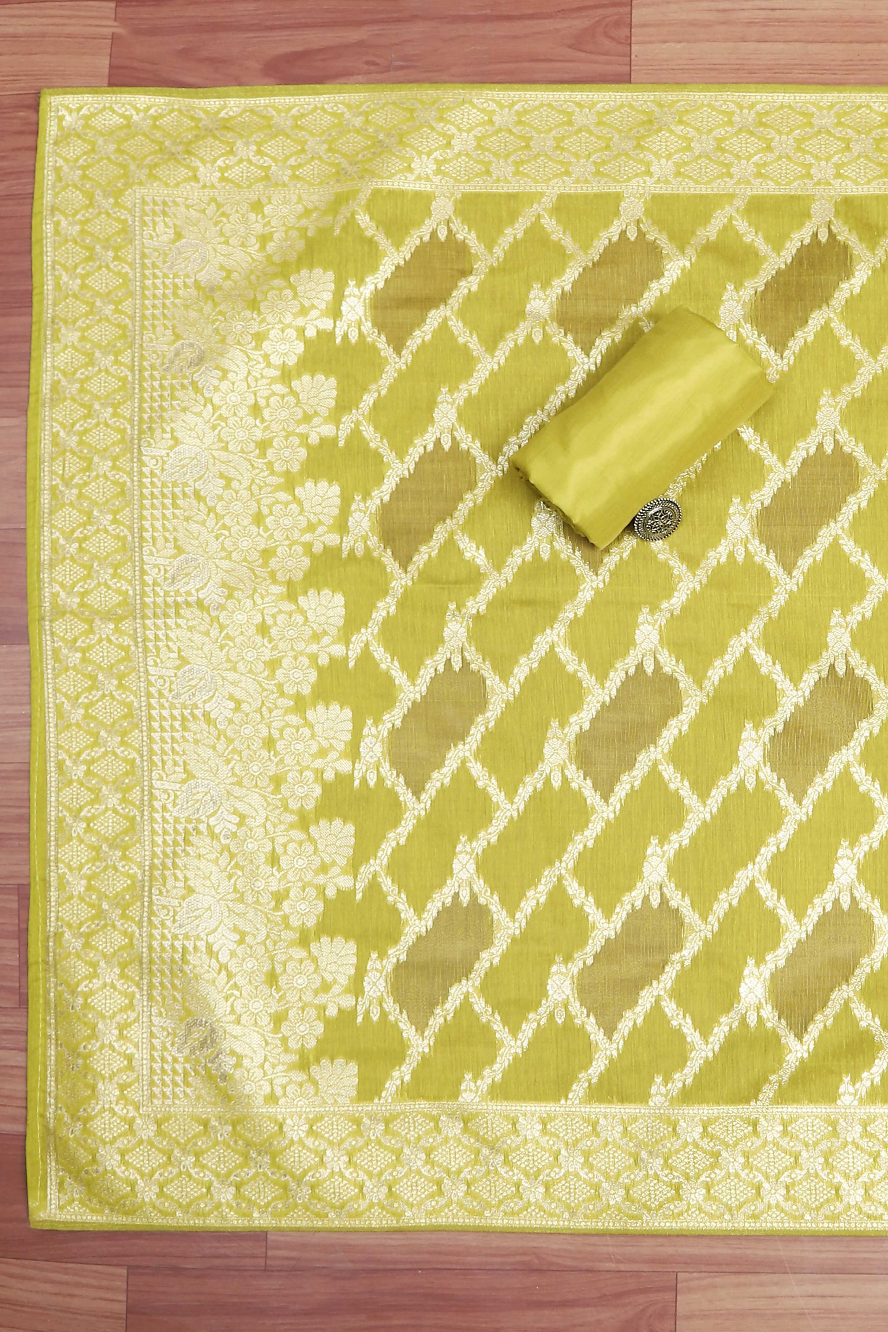 Botle Green Tissue Chanderi Embroidered Unstitched Suit Set image number 3