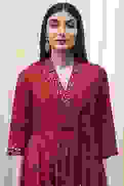 Red Printed Angrakha Style Anarkali Suit Set image number 1