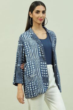 Indigo Viscose Straight Printed Jacket image number 0