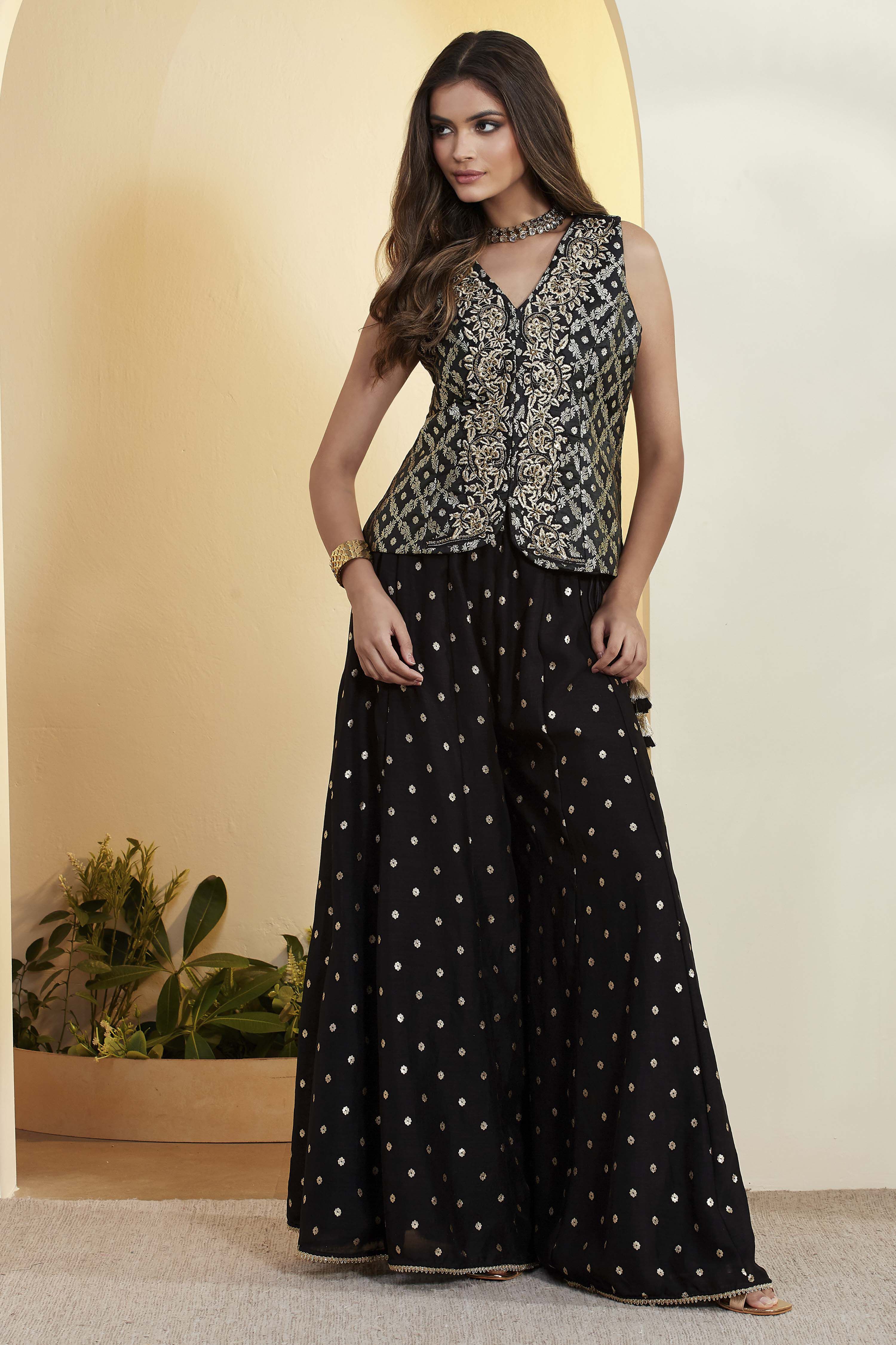 Black Viscose Rayon Embroidered Fusion Set image number 8