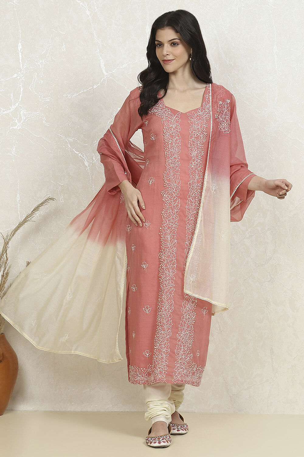 Peach Cotton Hand Embroidered Unstitched Suit Set image number 1