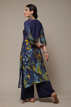 Navy Rayon Straight Printed Kurta image number 2