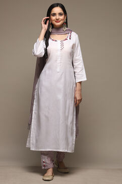 White Cotton Hand Embroidered Unstitched Suit Set image number 8