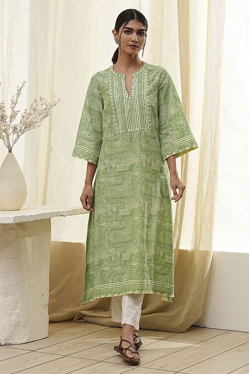 Green Pure Cotton Printed Straight Kurta image number 2