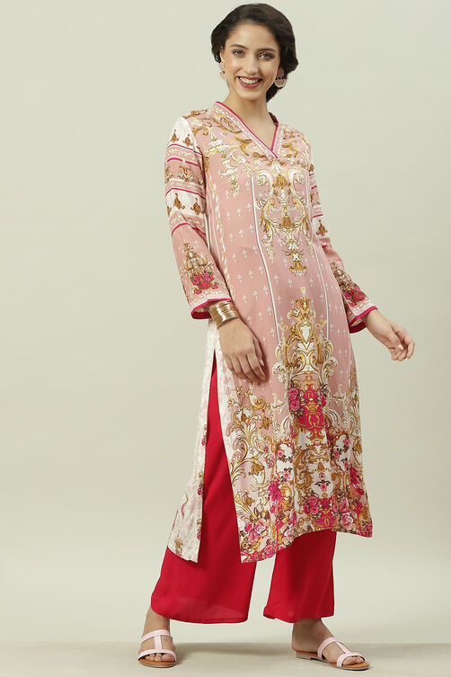 Peach Rayon Straight Printed Kurta image number 2