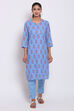 Blue Metallic Cotton Printed Kurti image number 2