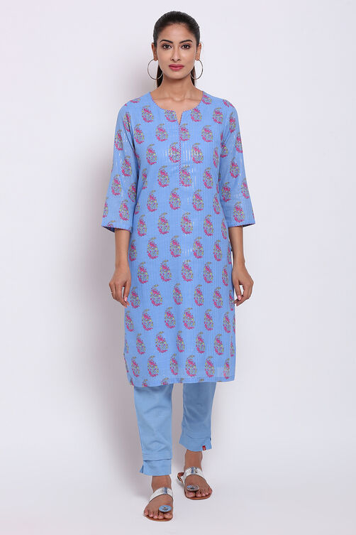 Blue Metallic Cotton Printed Kurti image number 2