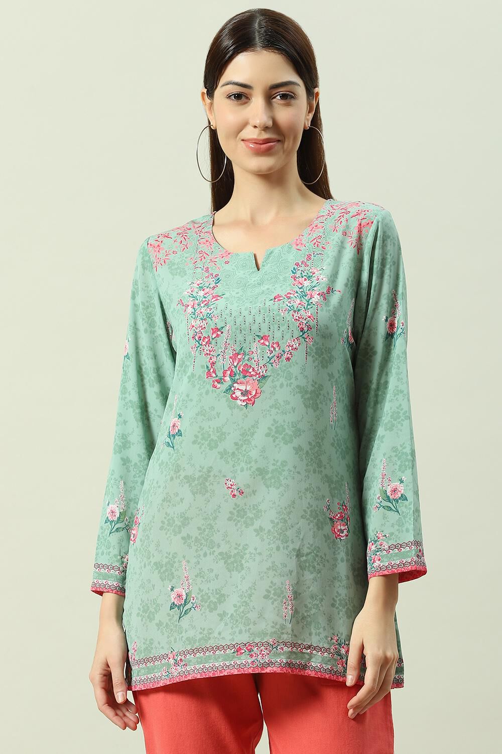 Sea Green Floral Printed Straight Kurti image number 0