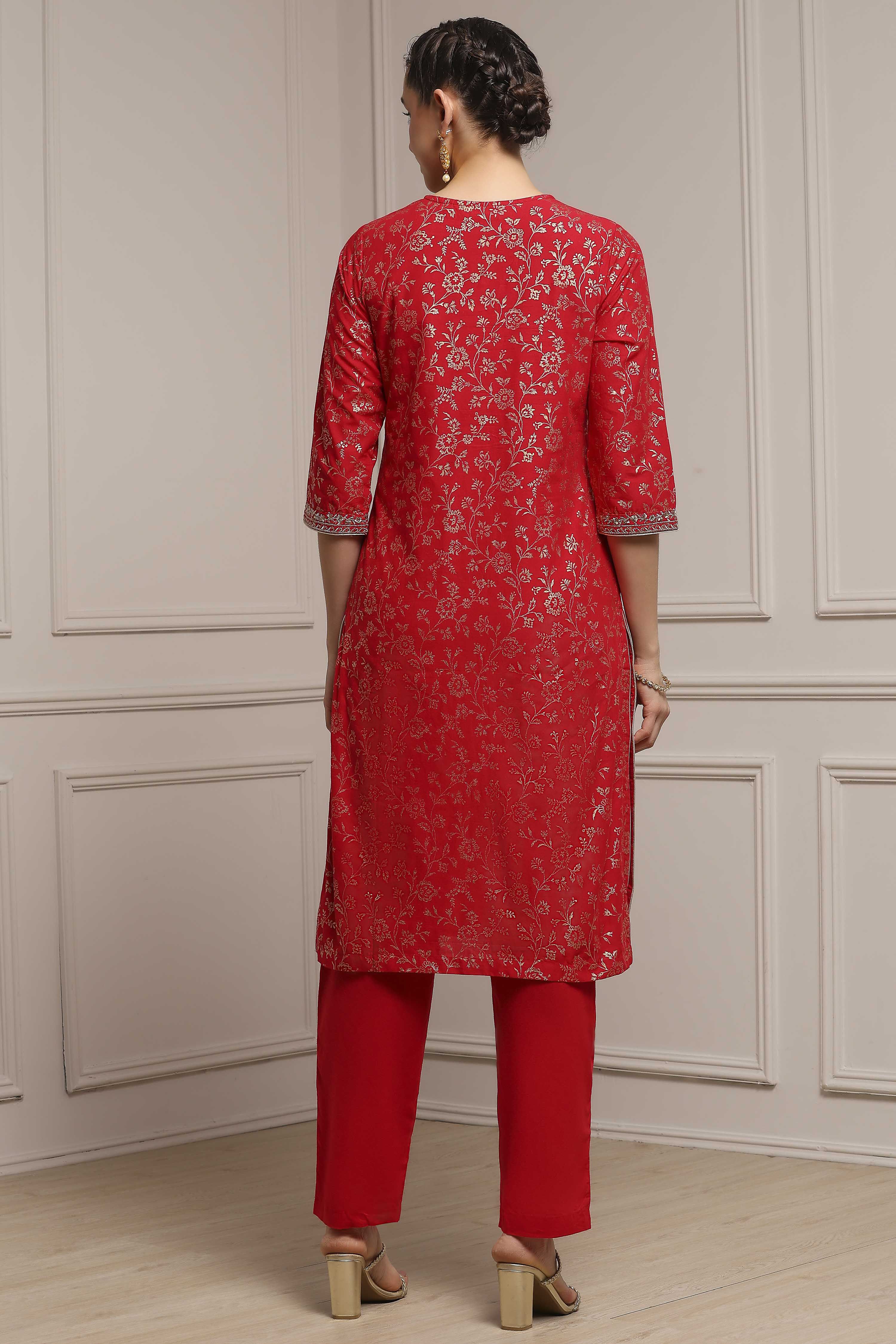 Maroon Cotton Printed Straight Suit Set image number 4