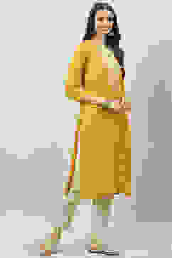 Warm Mustard LIVA Straight Printed Kurta image number 3