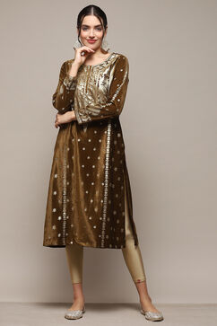 Brown Poly Velvet Straight Printed Kurta image number 0