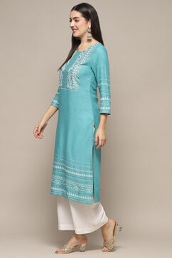 Turquoise Rayon flax Relaxed Kurta Palazzo Suit Set image number 3