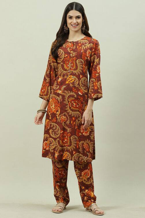 Brown Rayon Co-ord Set Kurta Pant Suit Set image number 0