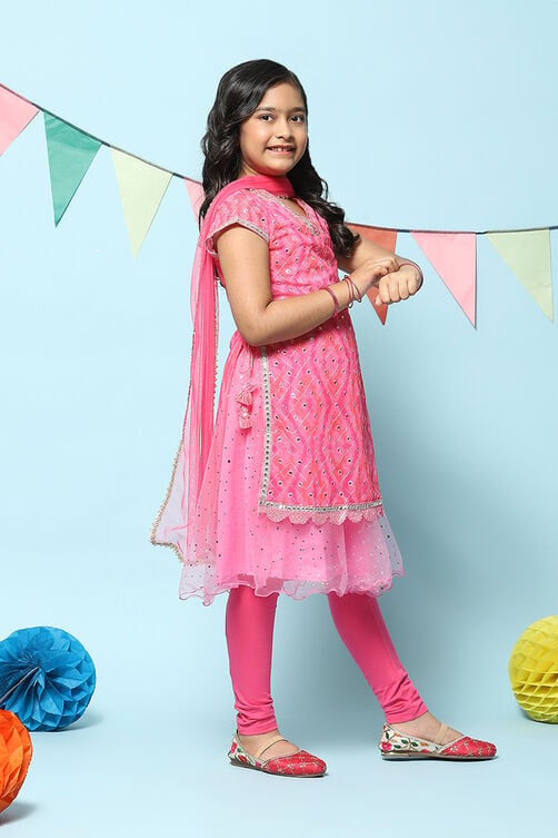 Pink Cotton Blend Layered Printed Suit Set image number 7
