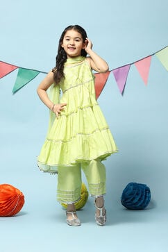 Lime Green Cotton Tiered Kurta Straight Palazzo Suit Set image number 7