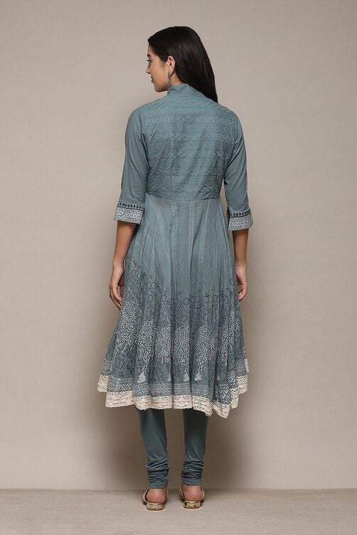Turquoise Cotton Anarkali Solid Kurta Churidar Suit Set image number 5