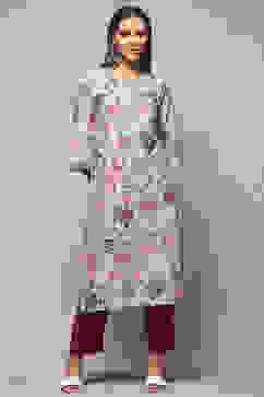 Powder Blue Cotton Floral Printed Straight Kurta image number 5