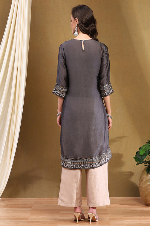 Grey Silk Yard Dyed Straight Festive Kurta image number 3