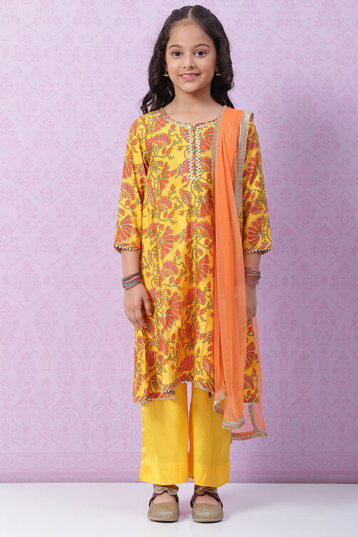 Yellow Poly Viscose Flared Straight Kurta Palazzo Suit Set image number 7