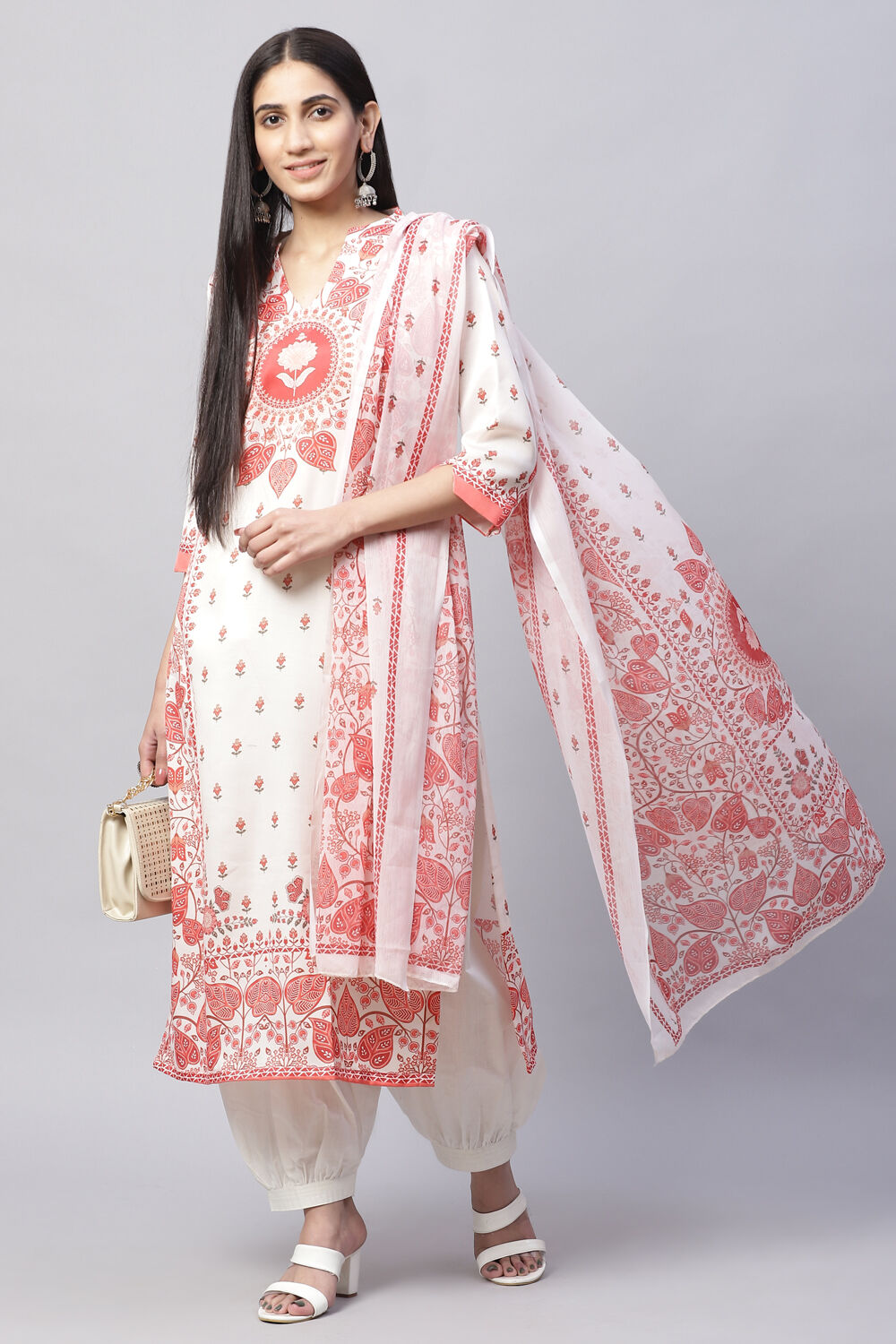 Off White Cotton Blend Digital Print Unstitched Suit Set image number 7