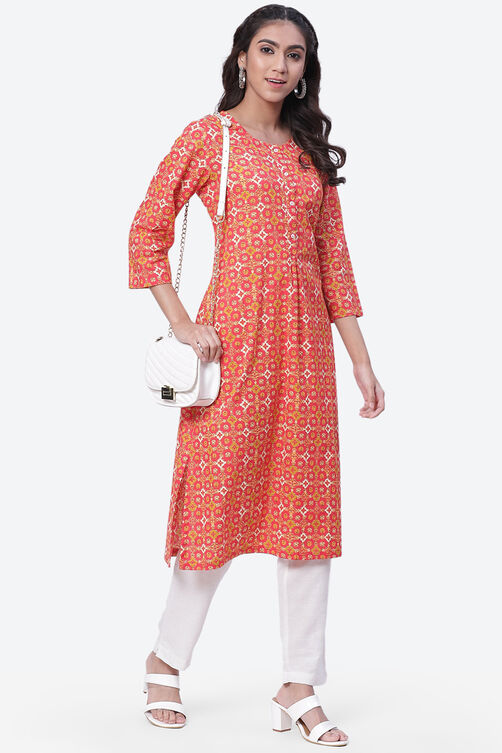 Coral Pink Cotton A-Line Kurta image number 5