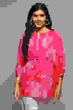 Pink LIVA Straight Embroidered Top image number 5