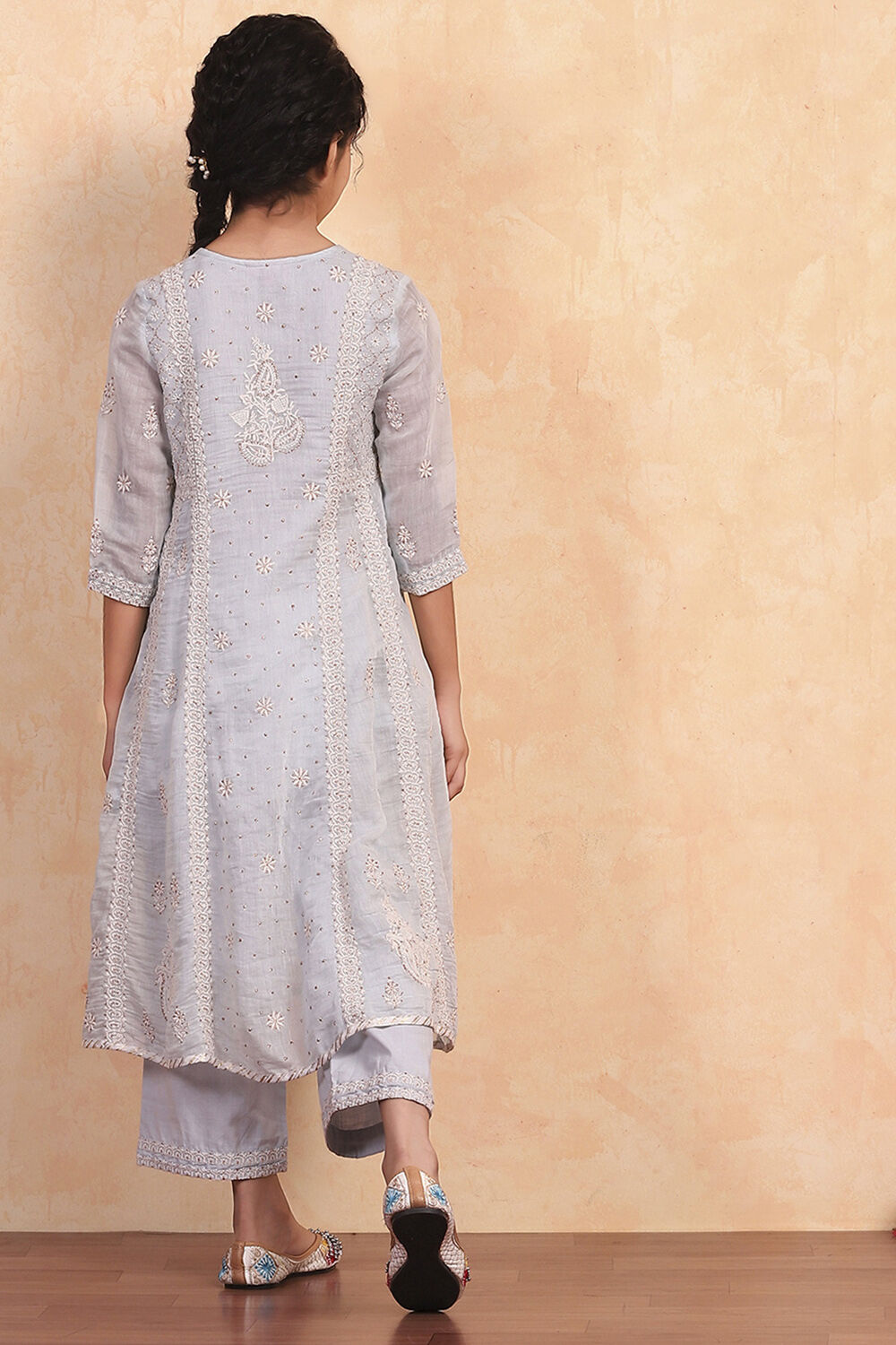 Powder Blue Silk Chanderi Flared Suit Set image number 4