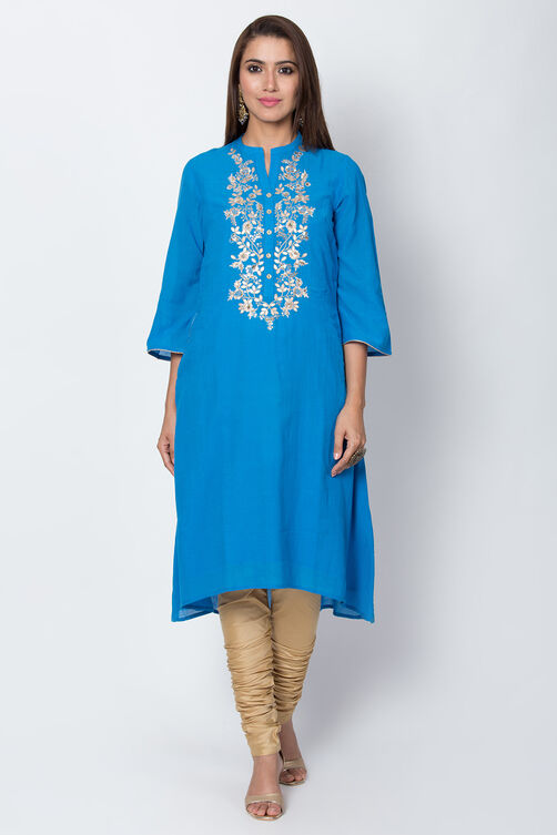 Blue Cotton And Viscose A-Line Solid Kurta image number 0