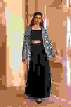 Black Poly Georgette Fitted Embroidered Fusion Set image number 2