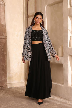 Black Poly Georgette Fitted Embroidered Fusion Set image number 2