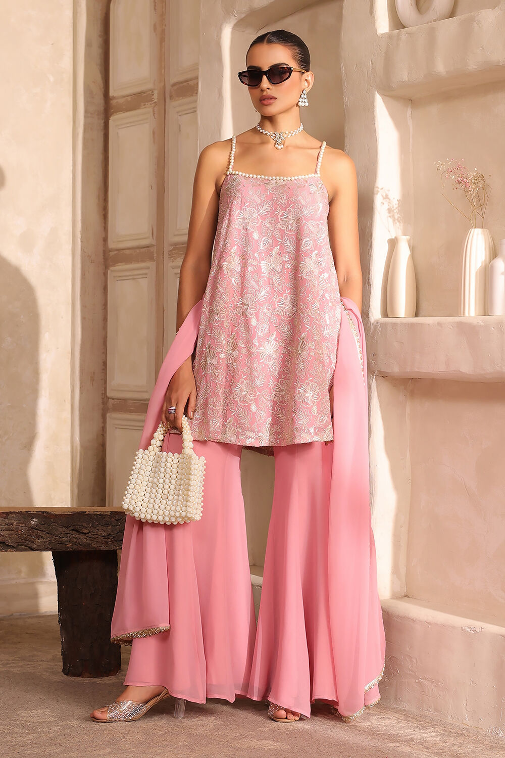 Baby Pink Poly Georgette Zari Embroidered Flared Suit Set image number 0