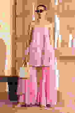 Baby Pink Poly Georgette Zari Embroidered Flared Suit Set image number 0