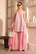Baby Pink Poly Georgette Zari Embroidered Flared Suit Set