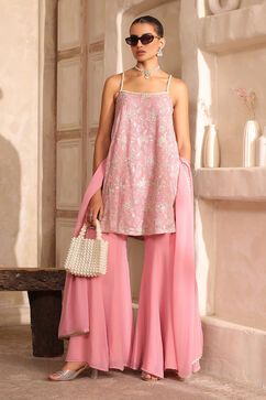 Baby Pink Poly Georgette Zari Embroidered Flared Suit Set image number 0