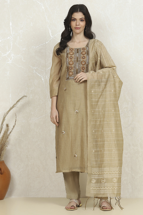 Beige Cotton Hand Embroidered Unstitched Suit Set image number 7