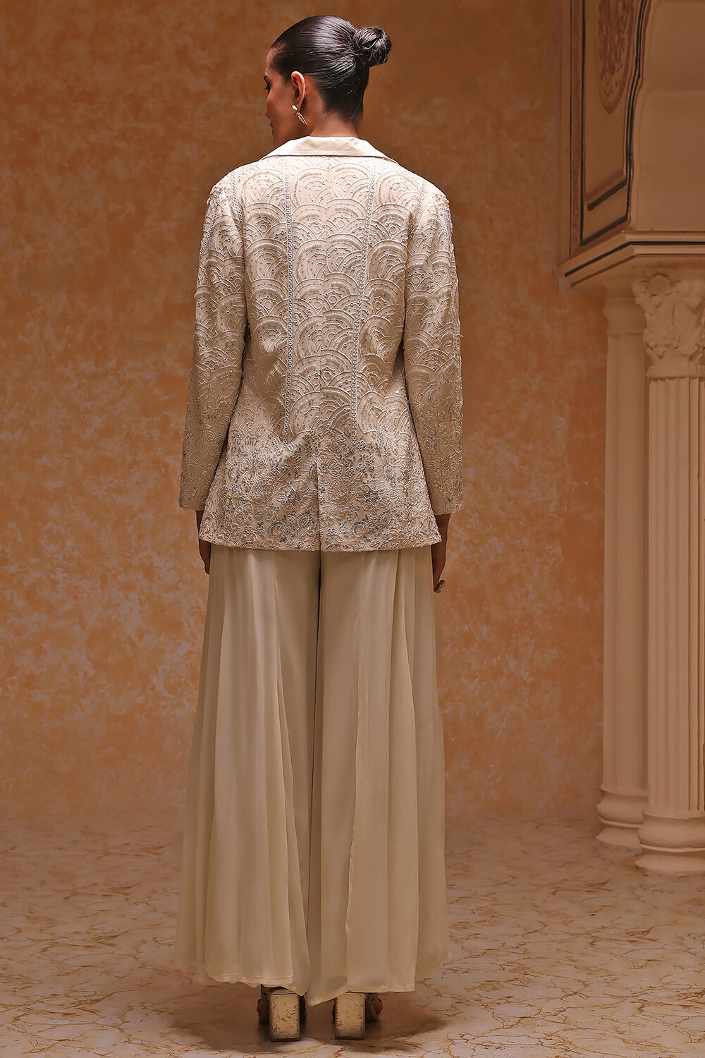 Ivory Poly Georgette Embroidered Fusion Set image number 4