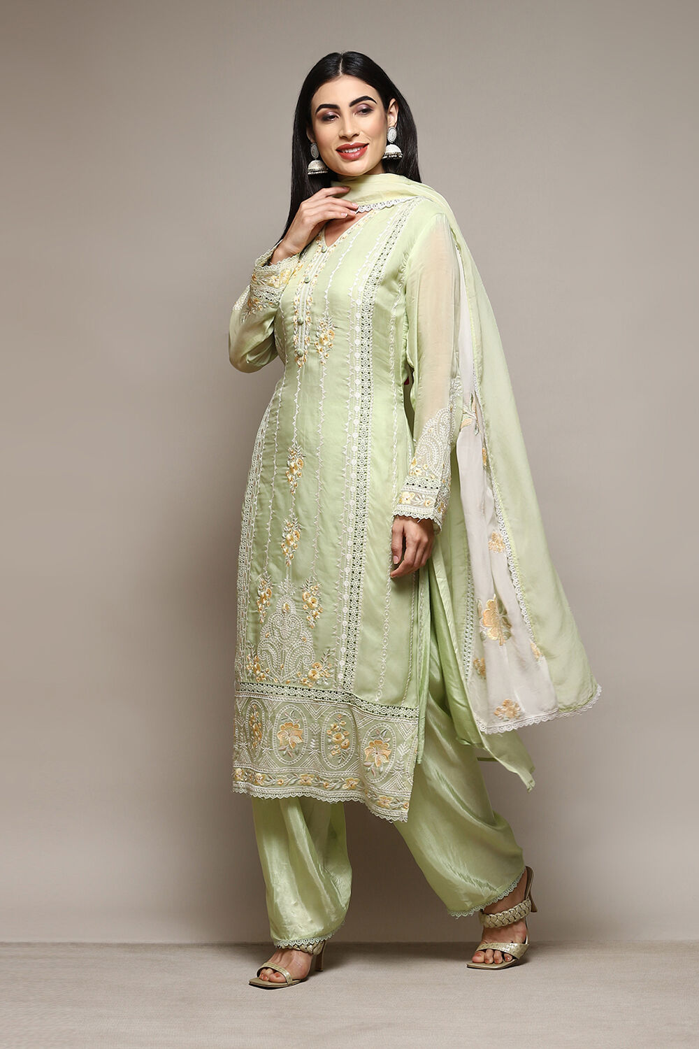 Light Green Organza Digital Print Unstitched Suit Set image number 6