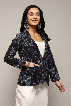 Navy Rayon Straight Printed Jacket image number 3