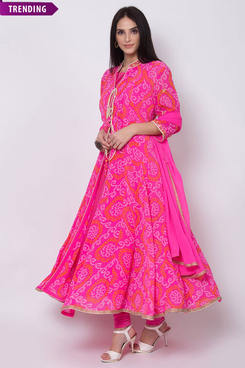 Pink Art Silk Front Open Kurta Churidar Suit Set image number 0