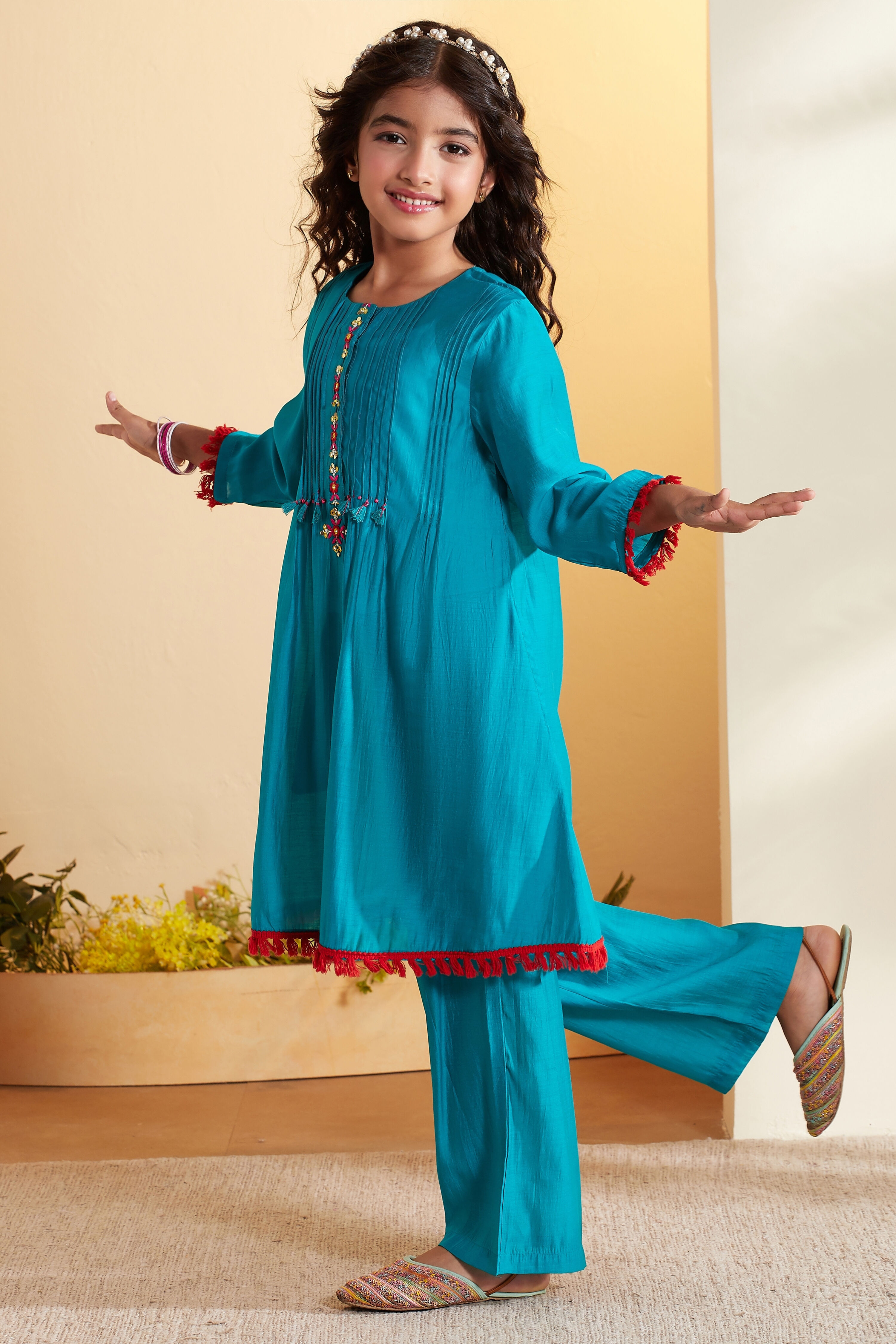 Teal Blue Pleated A-Line Kurta Set image number 3