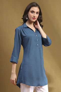 Blue Solid Shirt Collar Straight Short Kurti image number 4