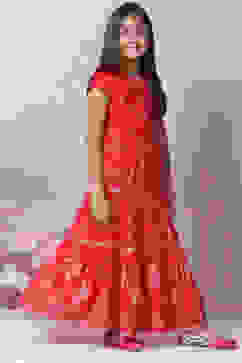 Red Art Silk Printed Short Top Lehenga Set image number 6